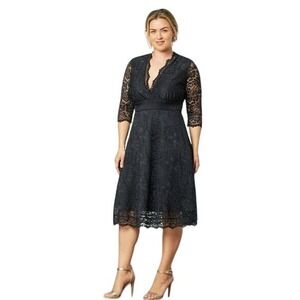 Kiyonna Mademoiselle Lace Cocktail Dress Fit & Flare Midi Onyx Black 3X Plus